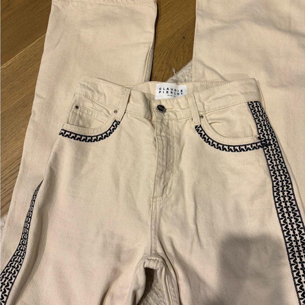 Claudie Pierrot Blanche Beige Women's Wide Leg Jeans with Black Trim